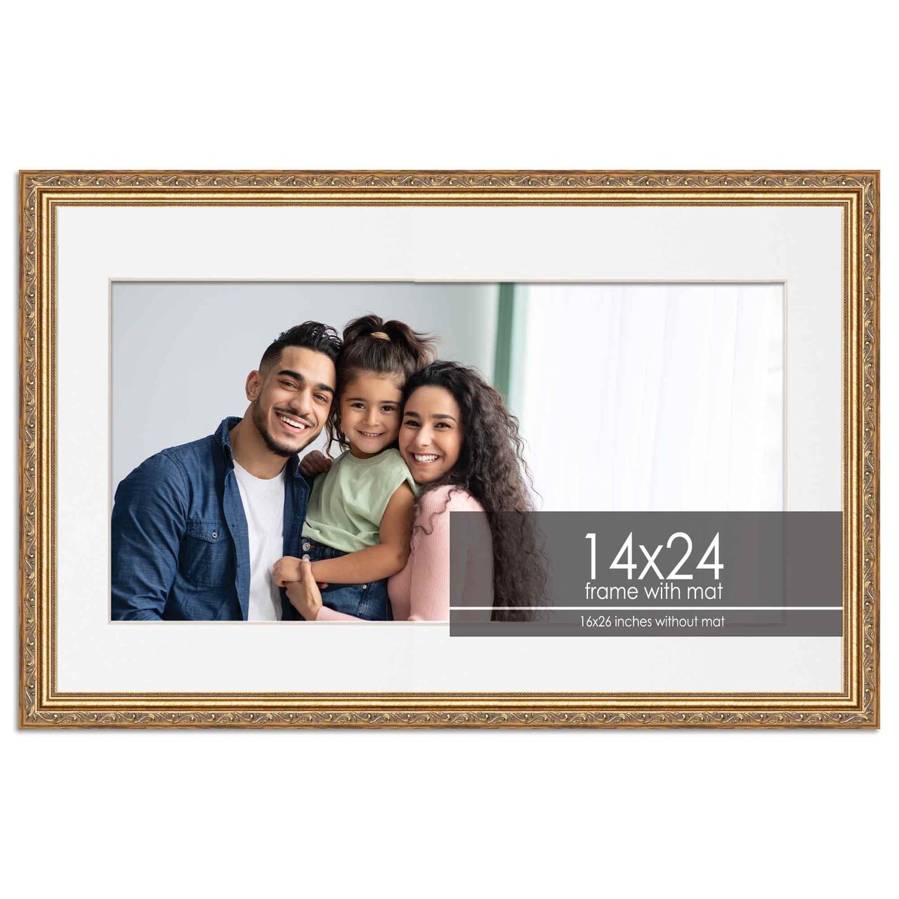 Antique Gold Frame with White Photo Mat, UV Acrylic Front, Foam Board Backing, 60 Sizes Available